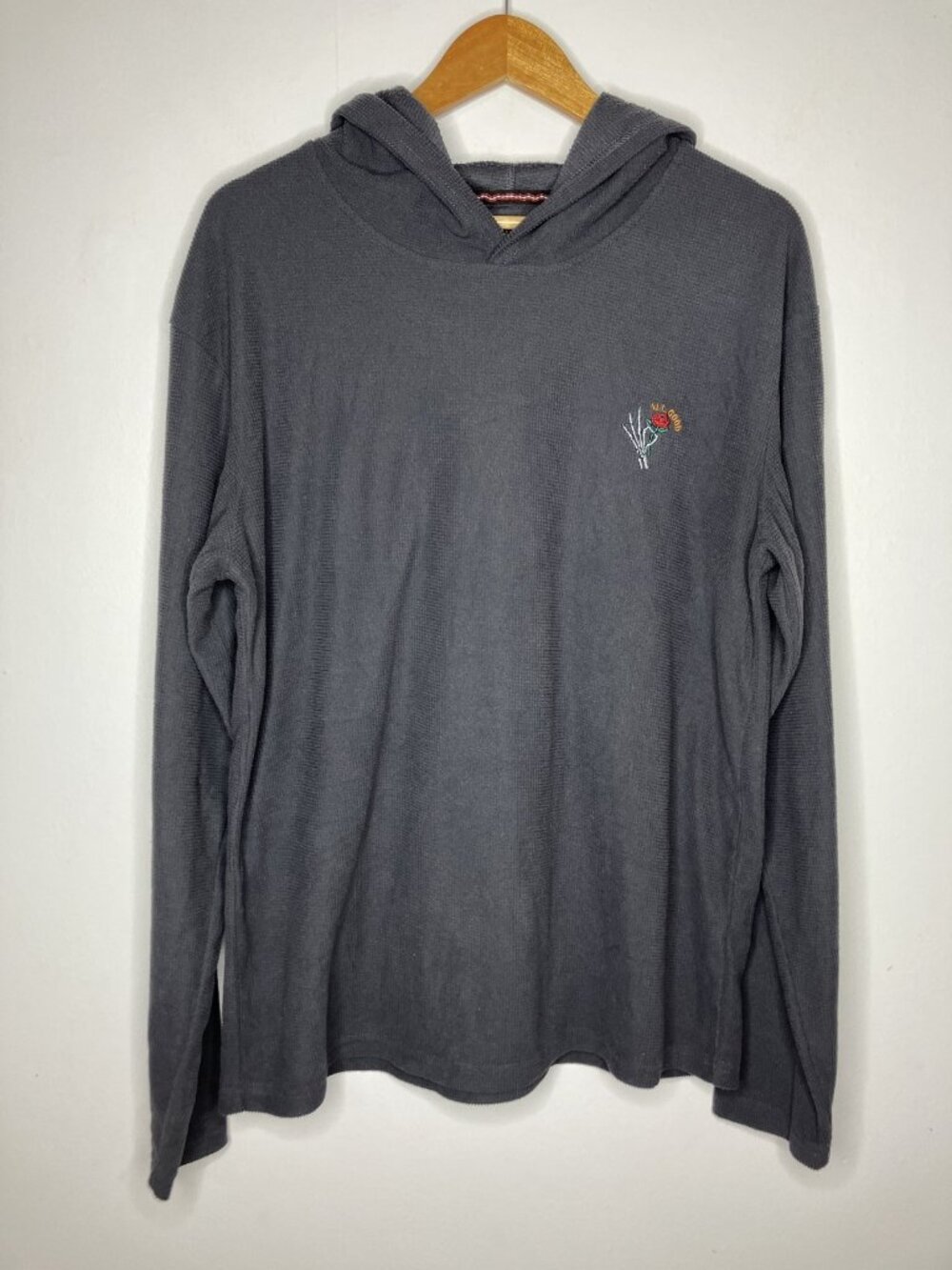 Public Record Men's XL Gray Waffle Knit Hoodie Sweatshirt Pullover Skeleton Rose